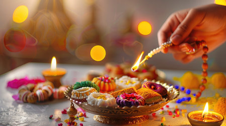 A serene and vibrant scene featuring a hand lighting a diya among colorful sweets and decorative elements, embodying the spirit of celebration and tradition.の素材