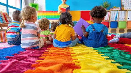 A lively classroom scene features diverse children gathered on a colorful rug, attentively listening to a teacher reading a story, fostering creativity and imagination.の素材