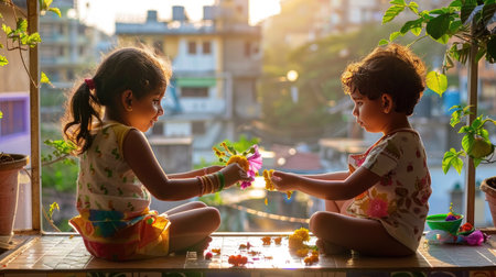 Two joyful children create floral decorations while sitting together in a sunlit urban home. Their innocent play captures the beauty of childhood exploration and creativity.の素材