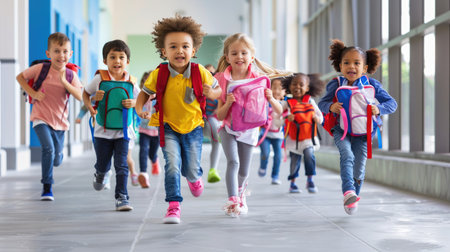 A vibrant scene capturing children joyfully running in a school hallway, showcasing their bright backpacks and joyful expressions as they enjoy their time together.の素材