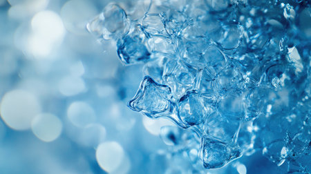 This close-up image features intricate water droplets and air bubbles in soft blue tones, creating an ethereal and calming atmosphere. Ideal for nature themes.の素材