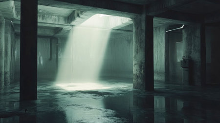 A captivating image showcasing an industrial space with a stark contrast of light and shadow, emphasizing the beauty of decay and stillness.の素材