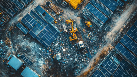 This aerial image captures a solar panel installation site featuring construction machinery, highlighting the intersection of technology and renewable energy in a modern landscape.の素材