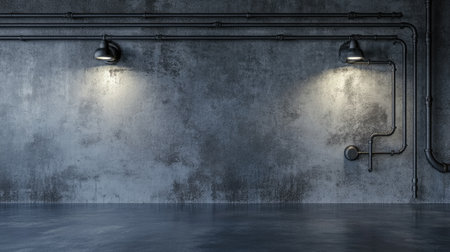 This industrial-style interior showcases a textured concrete wall complemented by pipe lighting fixtures. The scene conveys a modern ambiance, ideal for design inspiration or creative projects.の素材