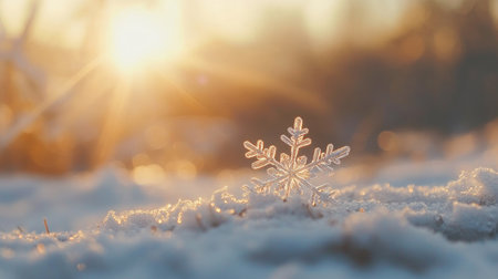 A stunning close-up of a delicate snowflake resting on soft snow, illuminated by warm sunlight. This serene winter scene captures the beauty of nature.の素材