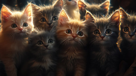 A heartwarming scene featuring a group of adorable kittens, showcasing their big, expressive eyes and fluffy fur, creating a cozy and playful atmosphere.の素材