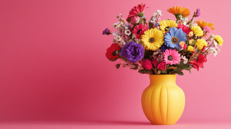 A bright and cheerful mixed floral arrangement featuring various blossoms in a distinctive yellow vase, set against a vibrant pink background, adding joy and charm.の素材