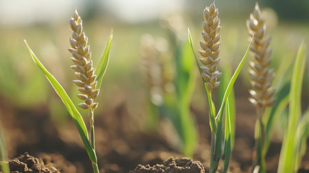 A stunning close-up of golden wheat spikes rising from green stalks in an agricultural field, illuminated by bright sunlight, showcasing nature's beauty.の素材