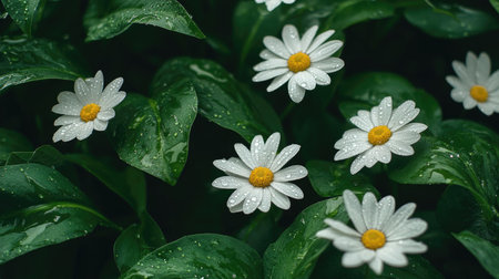 A captivating close-up of fresh daisies with vibrant white petals and yellow centers, glistening with dew on rich green leaves, showcasing nature's beauty.の素材