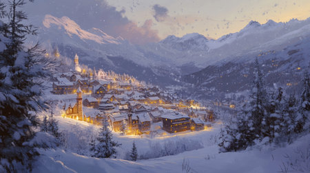 A beautiful view of a snowy mountain village at dusk, featuring warm lights glowing from cozy buildings surrounded by majestic peaks. Winter charm shines through.の素材