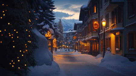 A serene winter street scene captures the essence of the holiday season, showcasing cozy buildings adorned with sparkling lights and a snowy pathway.の素材