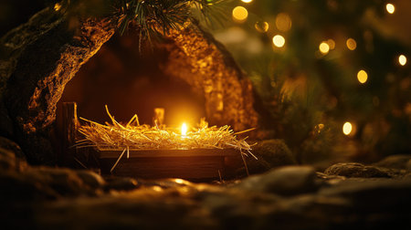 A serene Christmas scene depicting a softly glowing nest within a cave, surrounded by warm bokeh lights, evoking a feeling of peace and joy during the holiday season.の素材