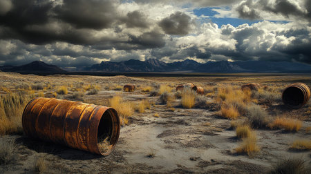 A remote landscape showcases rusty barrels scattered across a vast expanse, surrounded by dry grass and dramatic clouds in the sky. The scene evokes a sense of decay and solitude.の素材