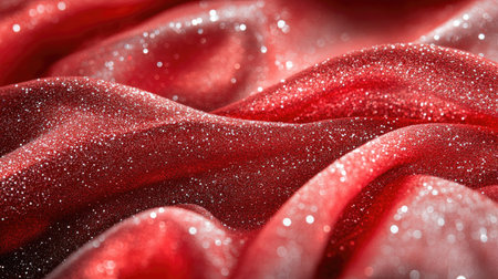 This image showcases a close-up of rich red satin fabric featuring a beautiful glitter texture. Perfect for elegant backgrounds or textile designs, the shimmering waves add luxury and artistry to any project.の素材