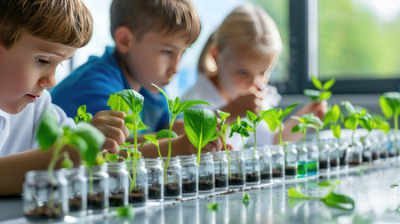 Young students participate in an engaging classroom activity focused on plant growth, observing and nurturing seedlings in glass containers, fostering curiosity.の素材