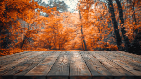 A rustic wooden table sits in the foreground, surrounded by a beautifully blurred autumn forest. The vibrant orange and yellow leaves create a warm, inviting atmosphere perfect for seasonal themes and nature-inspired projects.の素材