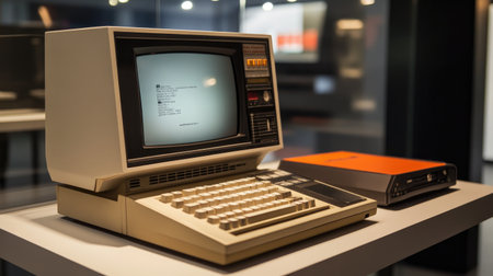 This image features a vintage computer set in a modern museum environment, showcasing retro technology from the 1980s, highlighting its design and historical significance.の素材