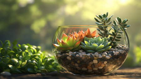 This image features a beautiful arrangement of various succulents in a glass container, showcasing vibrant colors and a natural setting. The soft light enhances the serene atmosphere, making it perfect for home decor inspiration.の素材