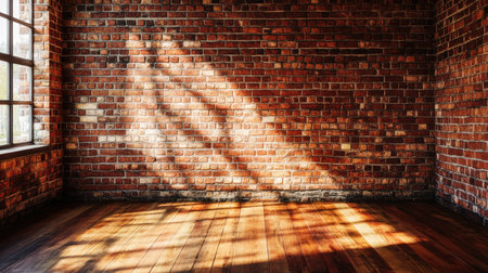 This image showcases a beautifully illuminated empty room featuring a rustic brick wall and a warm wooden floor. The sunlight creates intricate shadow patterns.の素材