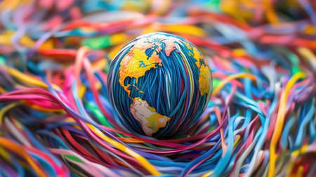 This colorful abstract image features a globe at the center, surrounded by vibrant strands of rubber bands, symbolizing global connections and diversity in our world.の素材