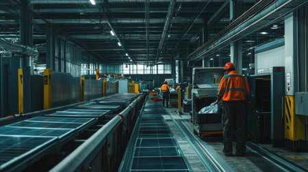 A vibrant industrial warehouse scene showcasing workers in safety gear managing a busy production line with advanced machinery and a streamlined process.の素材