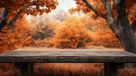A captivating autumn landscape showcasing a wooden table set against a backdrop of vibrant orange foliage, ideal for seasonal themes and nature photography.の素材