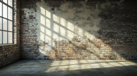 A captivating view of an empty industrial space featuring a red brick wall. Natural light filters through windows, creating intriguing shadow patterns on the concrete floor, ideal for artistic and design purposes.の素材