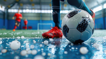 A vibrant scene showcasing a close-up of a soccer ball on indoor turf, emphasizing the energy of players in motion, perfect for sports-related content.の素材