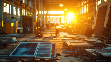 A serene scene depicts solar panels resting in an abandoned warehouse, illuminated by warm sunset light. This image captures the fusion of technology and nature, reflecting innovation and sustainability within an industrial backdrop.の素材
