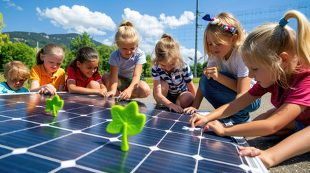 A group of children are engaged in a hands-on learning activity with solar panels in a bright, sunny environment, exploring sustainability concepts together.の素材