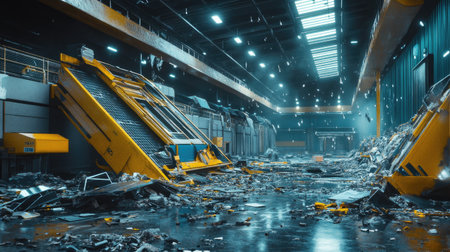 This image captures an abandoned industrial warehouse, showcasing scattered debris and machinery under dramatic lighting. Dust particles add to the atmospheric decay.の素材