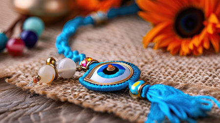 A vibrant blue evil eye pendant adorned with a tassel rests on a rustic surface, accompanied by bright sunflowers and decorative beads, showcasing craftsmanship.の素材