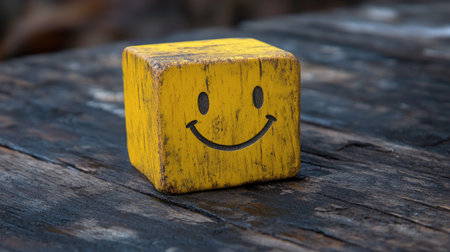 A charming yellow wooden block with a smiling face placed on a rustic table captures the essence of joy and happiness in everyday moments.の素材