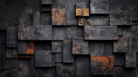 An abstract dark textured wall featuring geometric panels with rusty accents, ideal for modern design backgrounds and aesthetic projects.の素材