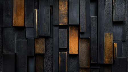 This striking abstract wall art features a unique arrangement of textured black and golden geometric panels, perfect for modern interior decor.の素材