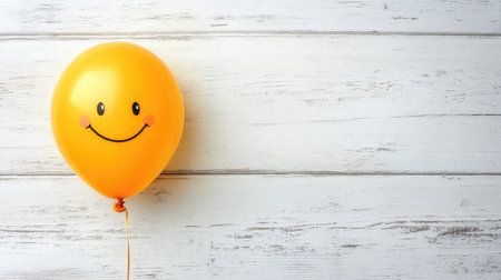 A vibrant yellow balloon featuring a smiley face rests against a rustic wooden background, symbolizing joy and celebration for various events.の素材