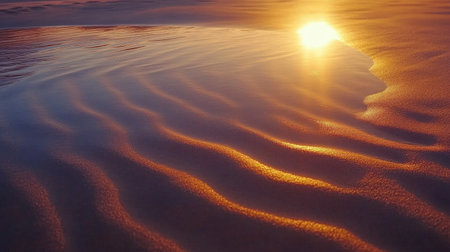 This stunning image captures the serene beauty of a sunset reflecting on gentle ocean waves. The soft ripples in the sand create a mesmerizing pattern.の素材
