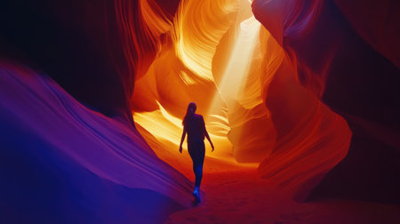 A captivating scene of a woman walking through a colorful canyon illuminated by sunlight. This image evokes feelings of adventure, beauty, and tranquility.の素材