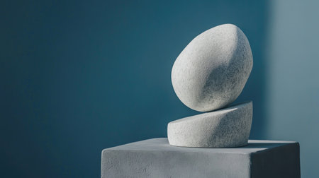 A minimalist stone sculpture beautifully balances on a smooth grey surface, set against a calming blue background, evoking serenity and elegance.の素材