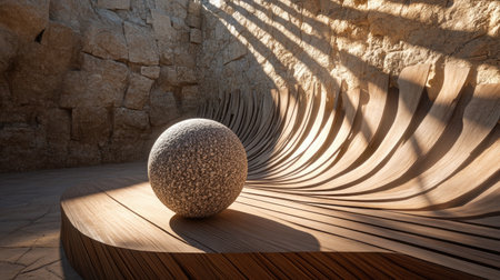 This captivating image showcases a textured sphere resting on a gracefully curved wooden surface, illuminated by natural light, highlighting modern design elements.の素材