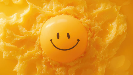 This image features a bright yellow smiley face surrounded by a fluffy, sun-like texture, symbolizing joy and positive energy. Perfect for cheerful themes.の素材