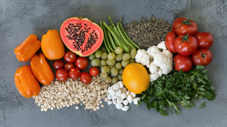 An appealing array of fresh fruits and vegetables showcases vibrant colors, emphasizing healthy eating and nutrition. Perfect for cooking and culinary inspiration.の素材