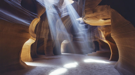 This captivating image portrays the serene beauty of a desert canyon, with sunlight streaming through its narrow openings, casting dramatic shadows and highlighting the intricate rock formations.の素材
