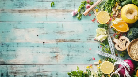 A vibrant display of fresh fruits and vegetables on a rustic wooden table, accompanied by a measuring tape, promoting health and nutrition.の素材