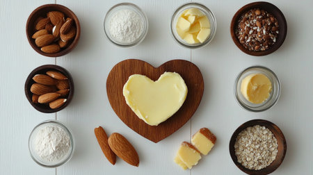 A visually appealing heart-shaped arrangement of butter and baking ingredients like flour, oats, and almonds displayed on a white wooden background.の素材