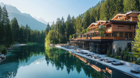 This stunning image captures a tranquil mountain resort beside a crystal clear lake, framed by towering trees and majestic peaks. Ideal for showcasing escape and relaxation amidst nature.の素材