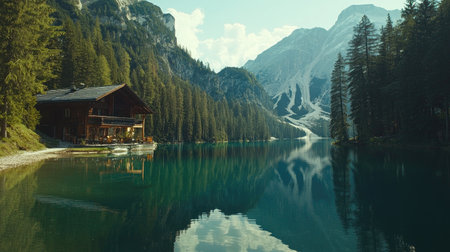 Experience the beauty of nature at this mountain retreat by a serene lake, surrounded by tall pine trees and stunning rocky peaks. Perfect for relaxation.の素材