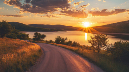 A breathtaking view of a sunset over a serene lake, with a winding road leading into the lush green landscape filled with trees and vibrant skies.の素材