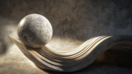 This captivating abstract image showcases a textured sphere resting atop elegantly curved wooden forms, illuminated by soft natural light.の素材