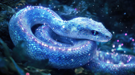 This enchanting image features a beautifully illuminated blue snake coiled gracefully in a mystical forest. The sparkle of light creates a magical ambiance, emphasizing the creature's vibrant scales and tranquil surroundings.の素材